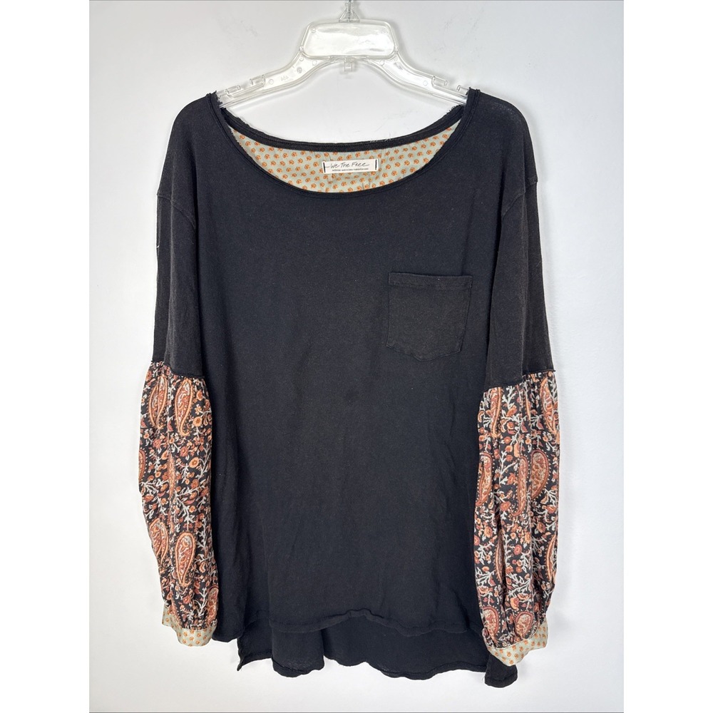 We The Free Top Black Slouchy Faux Layering Size Medium Boho Peasant 100% Cotton